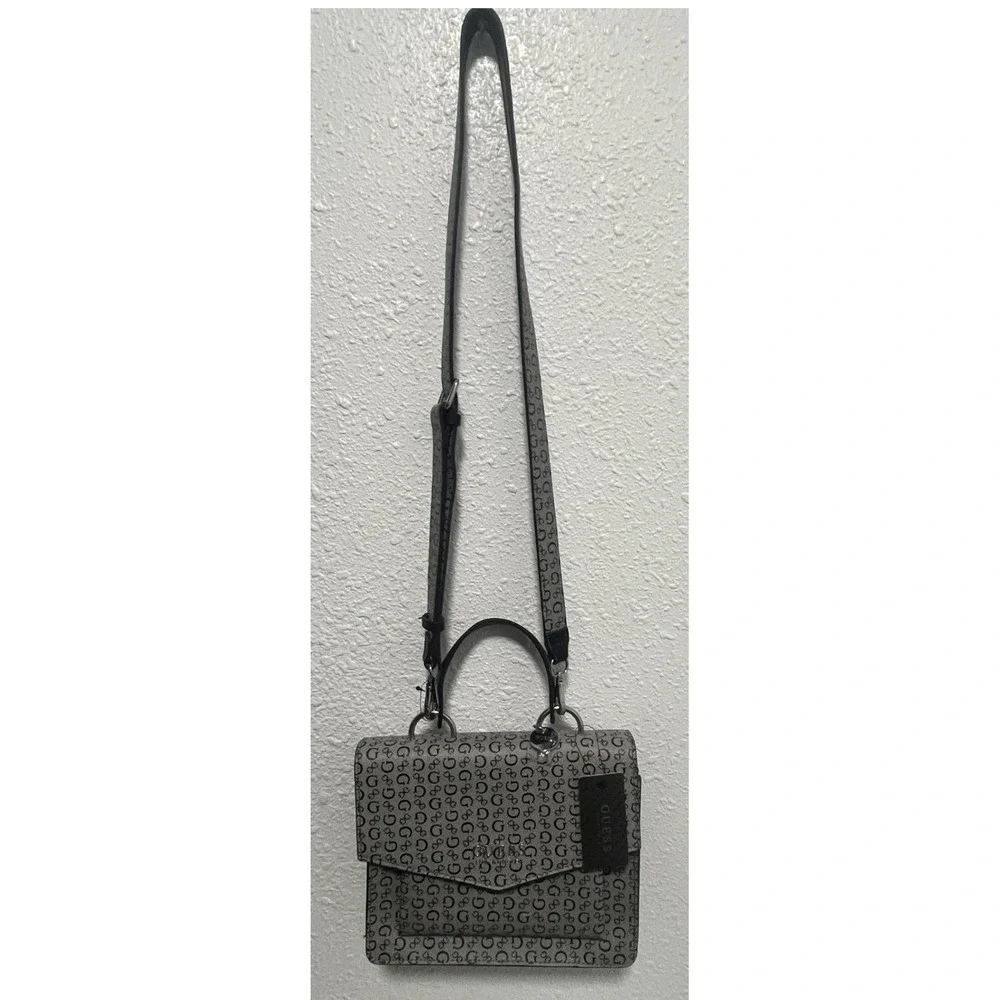 GUESS Baez Crossbody Handbag Black Grey Monogram Flap Top Handle Purse NWT Flaw